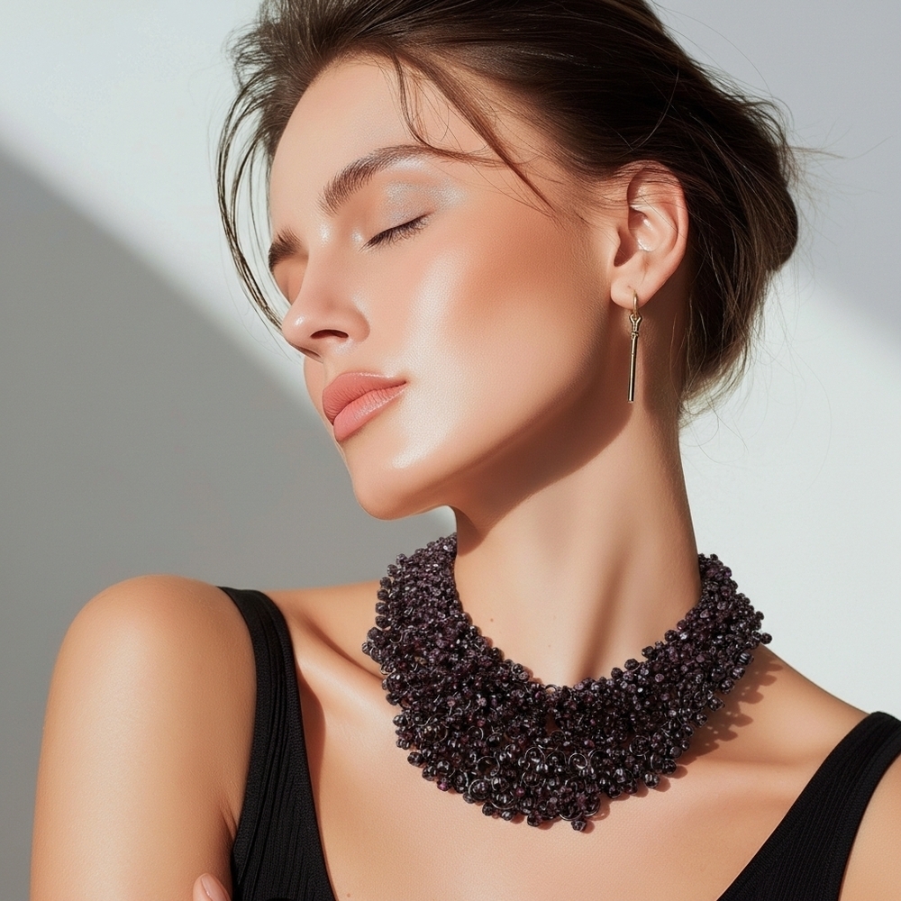 Vintage Neiman Marcus Purple Cluster Stone Statement Necklace Black Purple